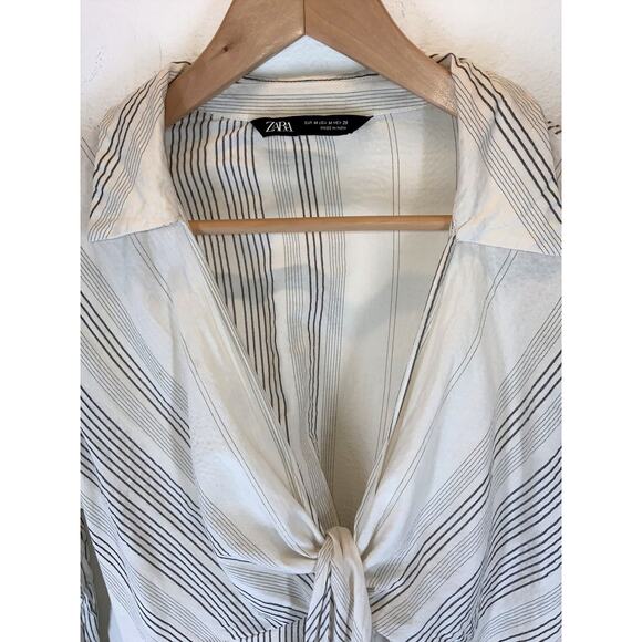 ZARA Medium Cream Striped Long Line Shirt Dress Side Slits Tie Front - Picture 2 of 3